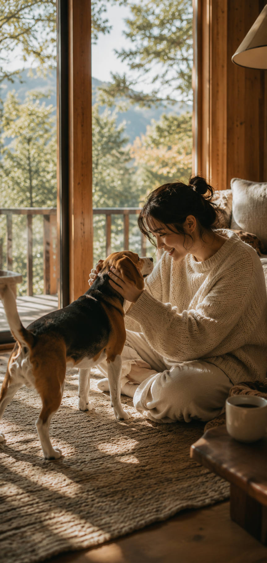 窓辺で愛犬と寛ぐ女性